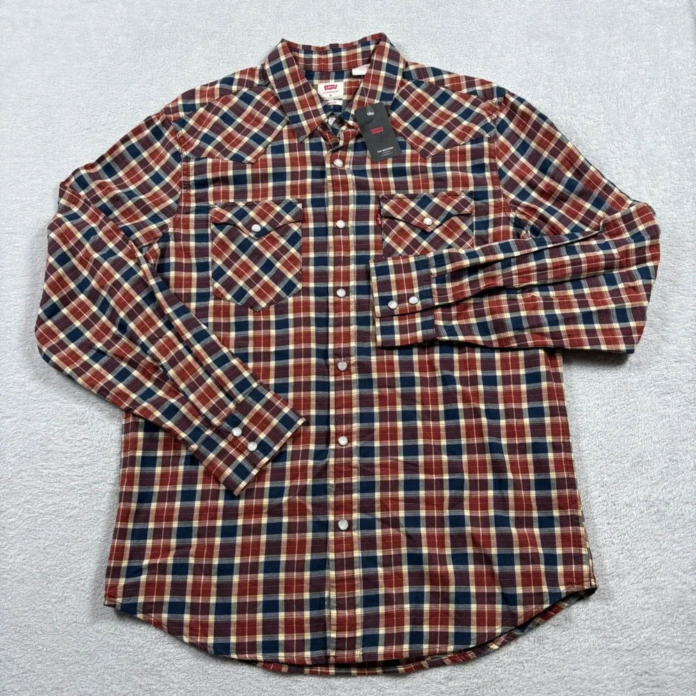 Levis Mens Western Standard Fit Plaid Shirt Burgundy Navy Pearl Snap Size Medium
